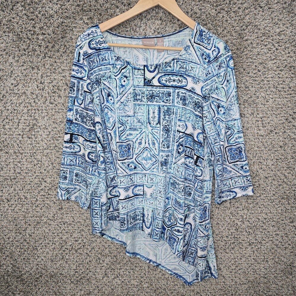 Chicos Top Womens 2 US Large Blue Scoop Neck Printed Stretch Blouse Tunic Ladies